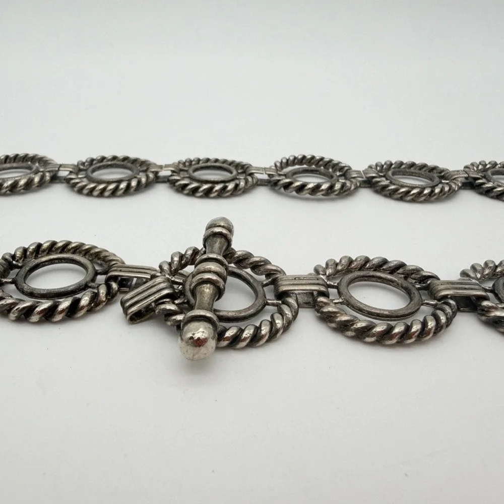 Vintage Silver Tone Rope Twist Oval Link Adjustable Chain Belt Toggle 30 Inch